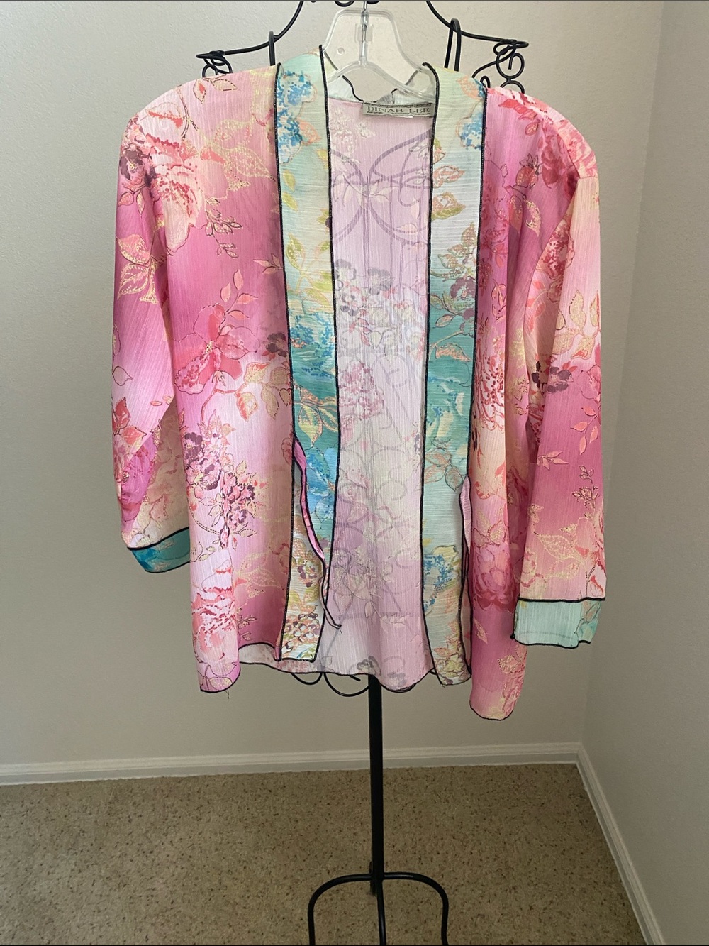 Dinah Lee Floral Sheer Kimono Jacket - Pink with Aqua Trim